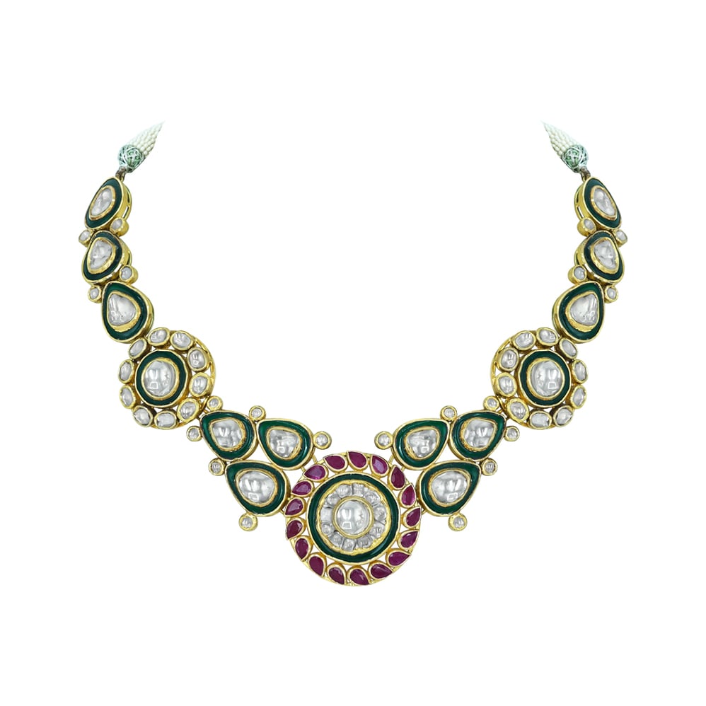 Polki Necklace with Red Rubies and Green Enamel